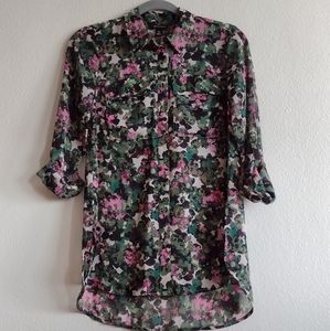I Heart Ronson Floral Sheer Roll Tab Shirt Top Moody Floral Chic